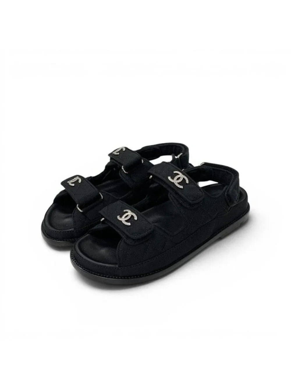 Chanel Sandals Shoes Fabric Black CC Logo Rhinestone Velcro Flat